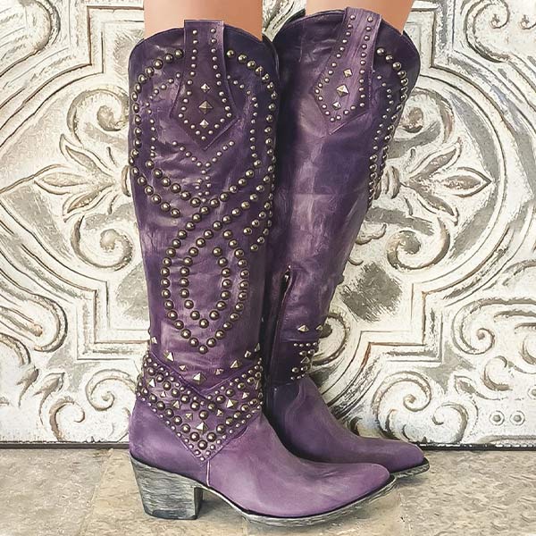 Tessa │ Women's Studded Block Heel Boots Western Style