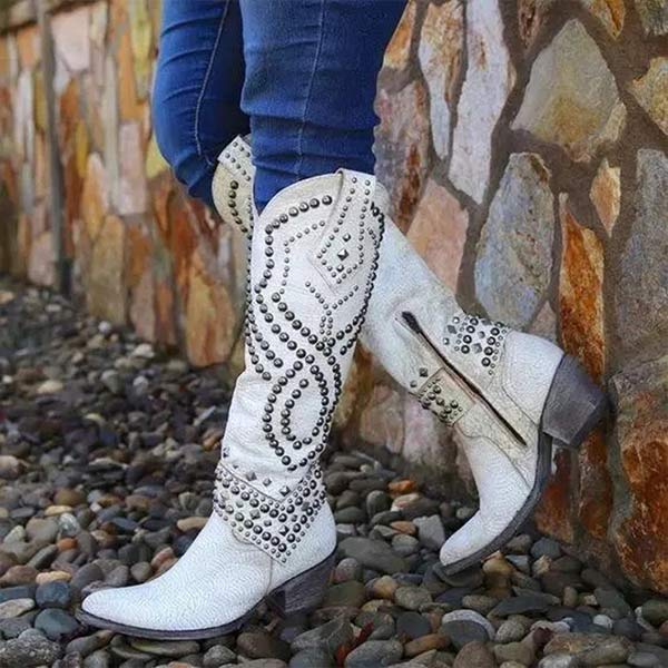 Tessa │ Women's Studded Block Heel Boots Western Style
