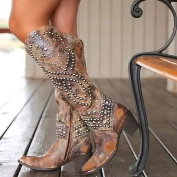 Tessa │ Women's Studded Block Heel Boots Western Style