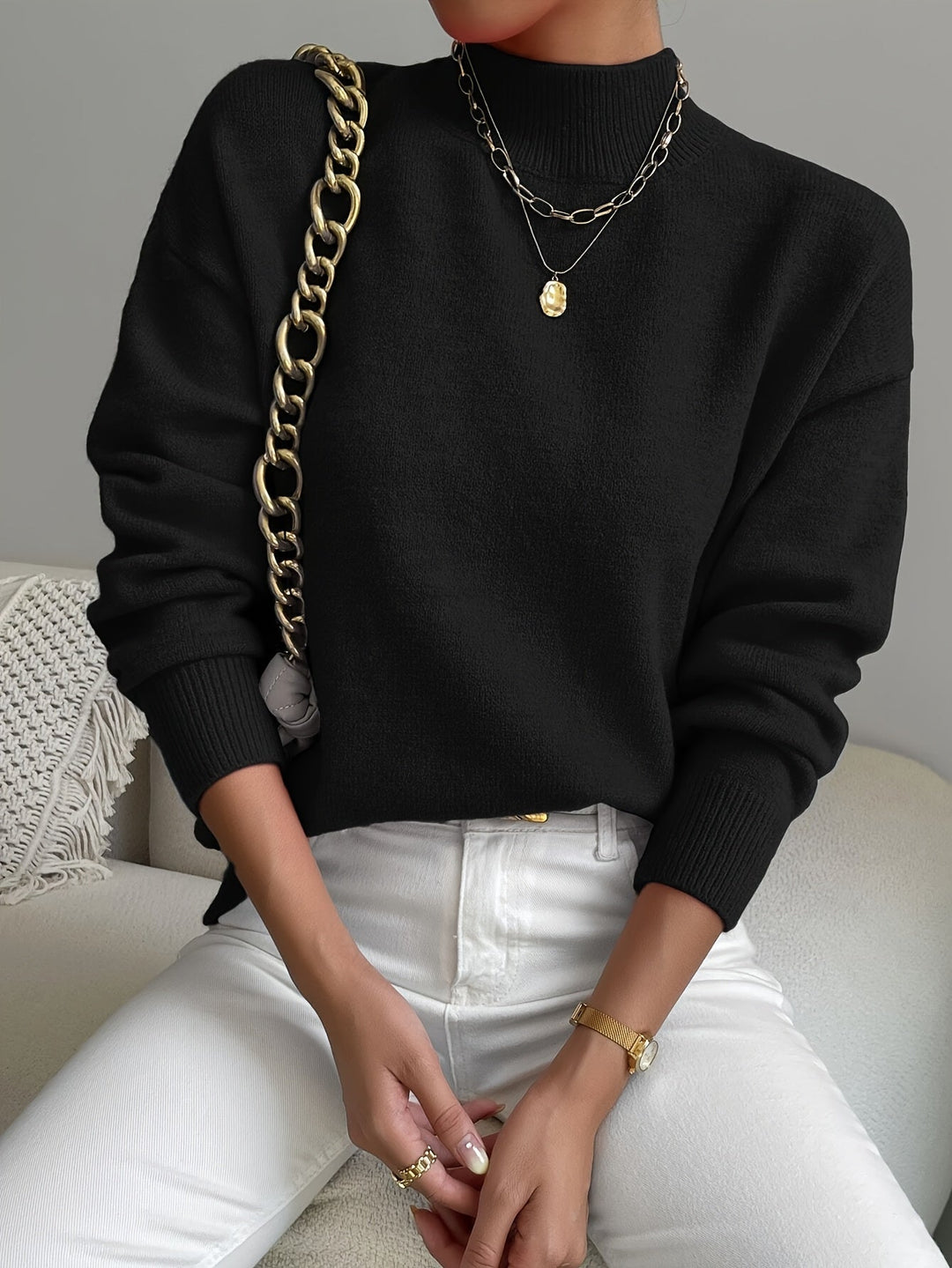 Winifred │ Women's Funnel Neck Knit Jumper With Ribbed Detailing