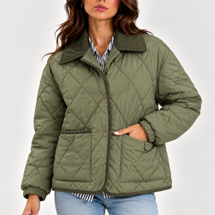 Margaret │ Women's Quilted Puffer Jacket With Corduroy Collar And Snap Front