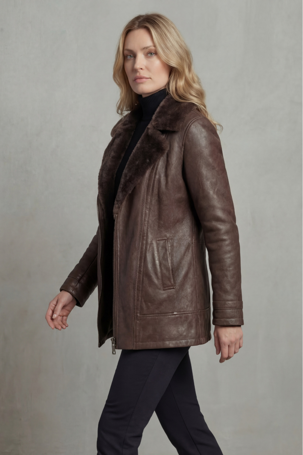 Brown Leather Jacket with Shearling Collar and Warm Lining