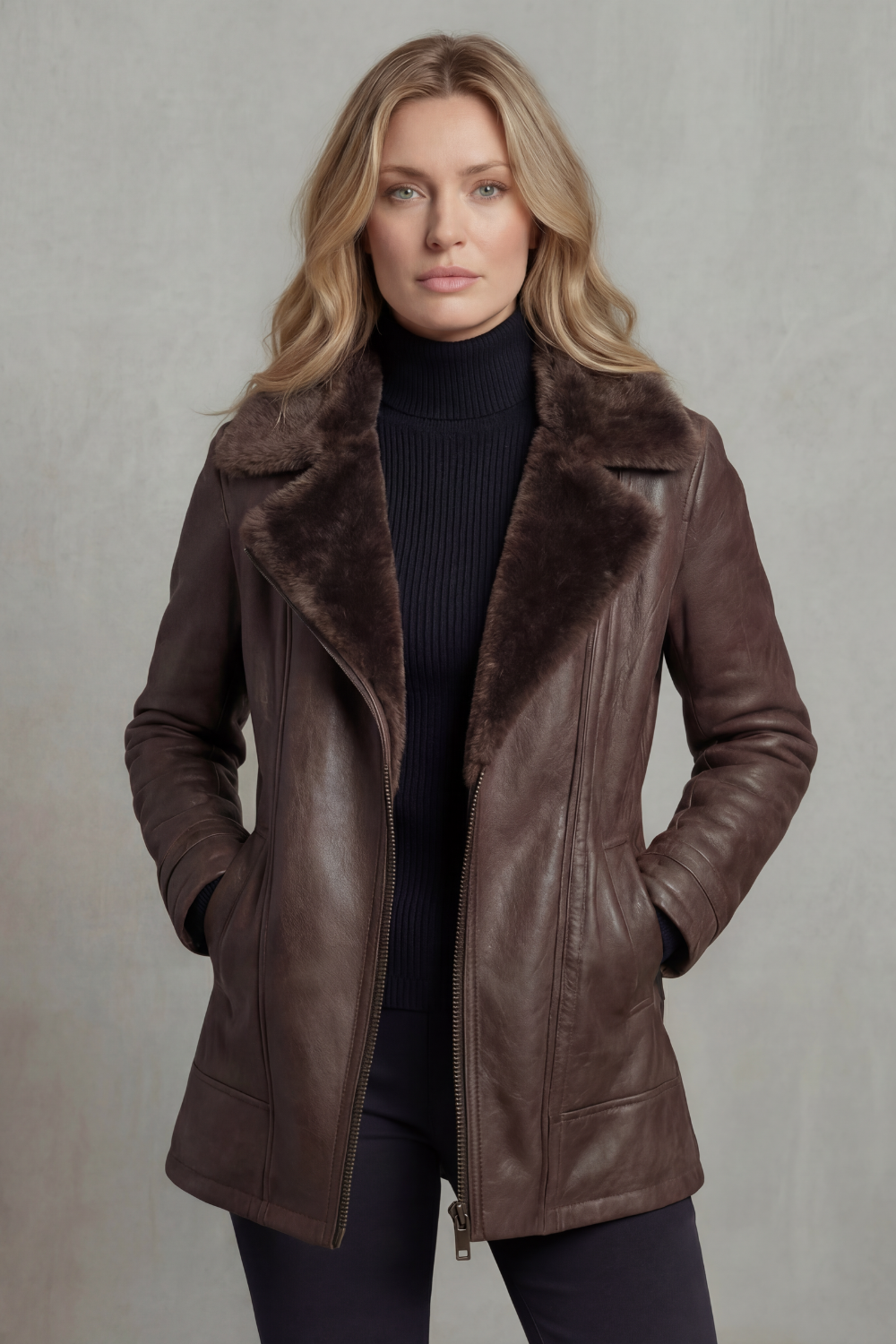 Brown Leather Jacket with Shearling Collar and Warm Lining