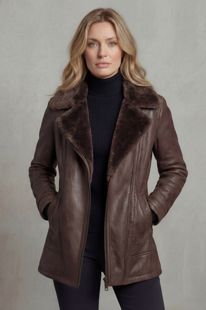 Brown Leather Jacket with Shearling Collar and Warm Lining