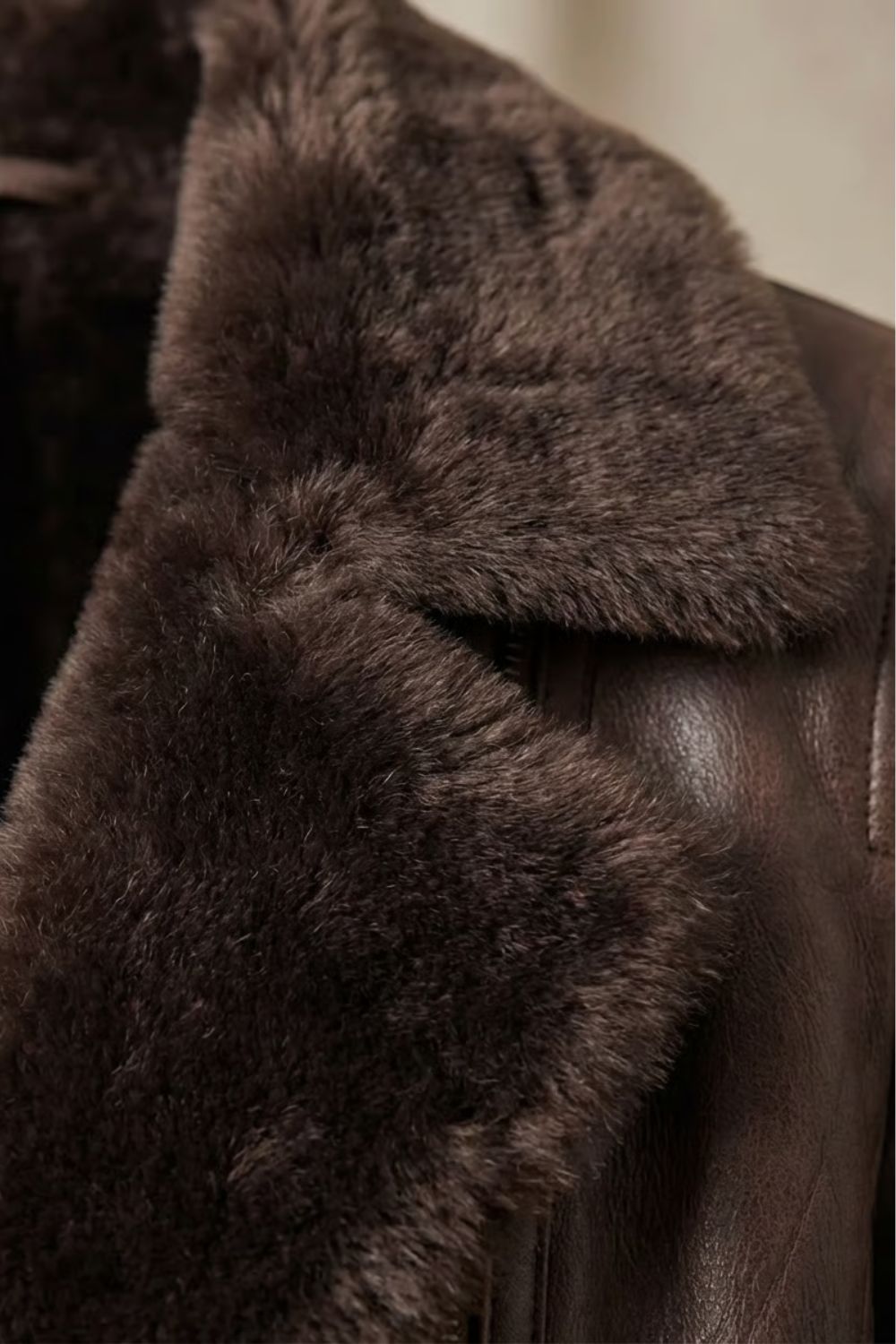 Brown Leather Jacket with Shearling Collar and Warm Lining