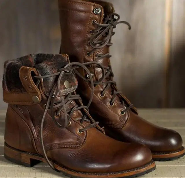 Margaret │ Women's Lace-Up Leather Boots With Fold-Down Cuff And Block Heel