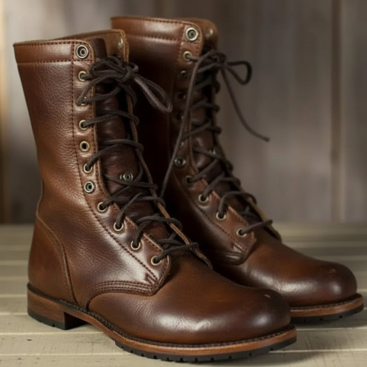 Margaret │ Women's Lace-Up Leather Boots With Fold-Down Cuff And Block Heel