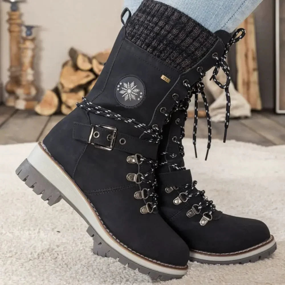 Insulated Lace Up Winter Boots with Knit Cuff and Buckle Detail