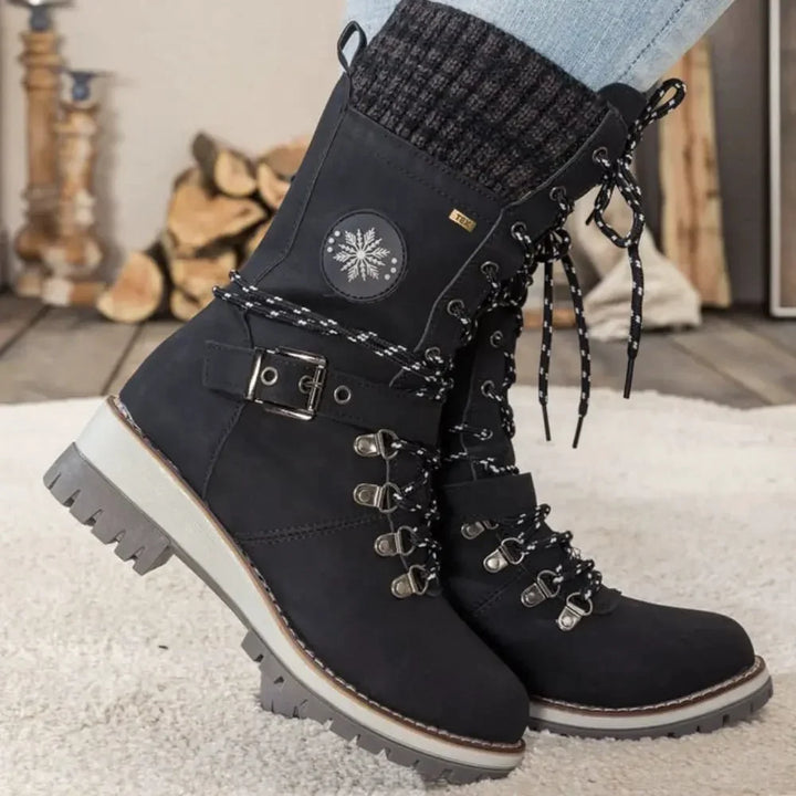 Insulated Lace Up Winter Boots with Knit Cuff and Buckle Detail