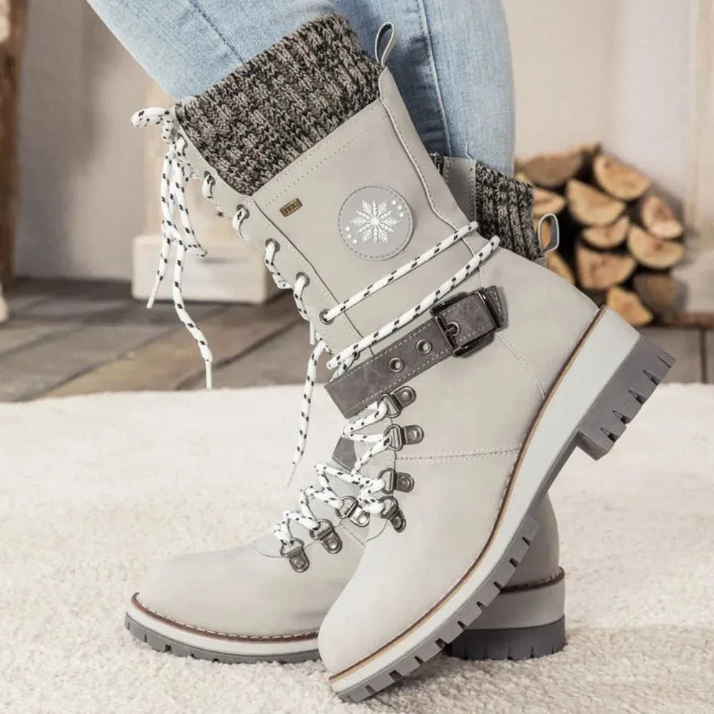 Insulated Lace Up Winter Boots with Knit Cuff and Buckle Detail