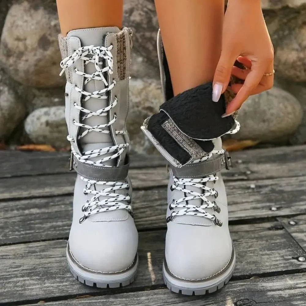 Insulated Lace Up Winter Boots with Knit Cuff and Buckle Detail