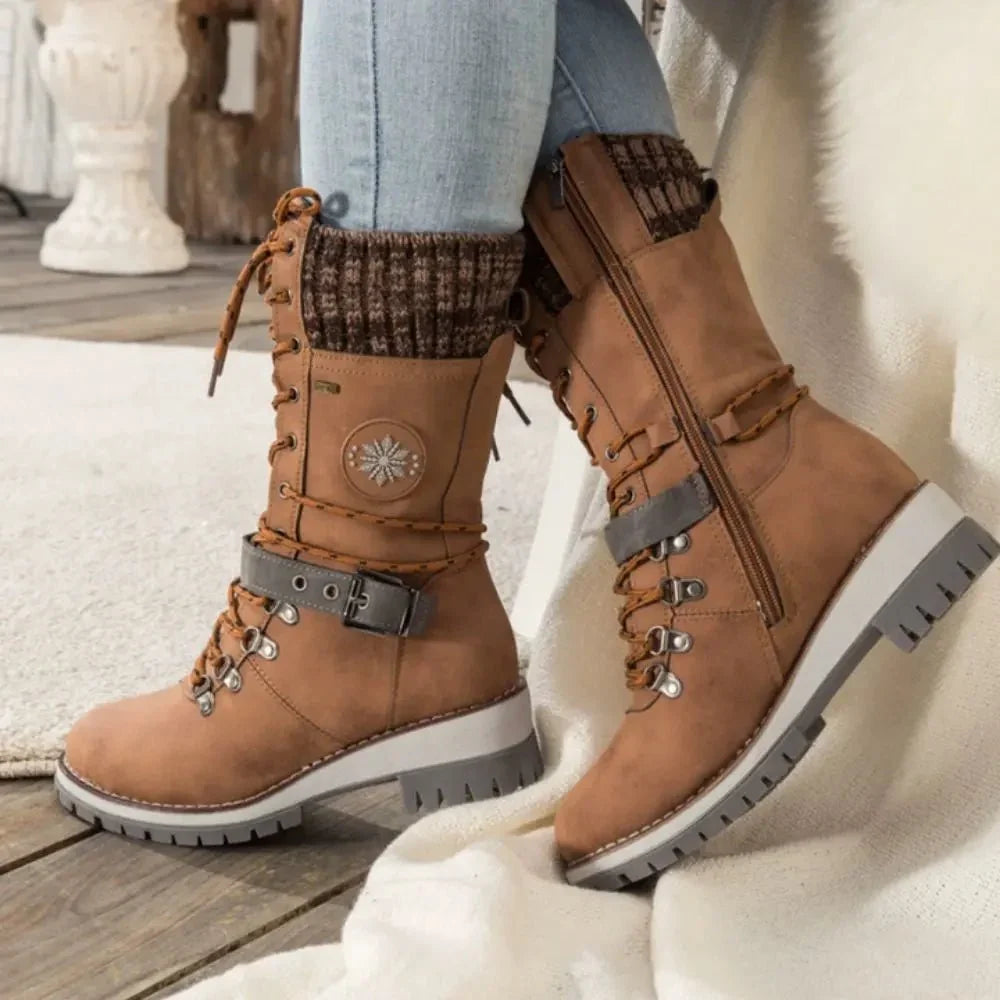 Insulated Lace Up Winter Boots with Knit Cuff and Buckle Detail