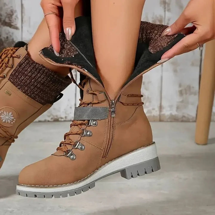 Insulated Lace Up Winter Boots with Knit Cuff and Buckle Detail
