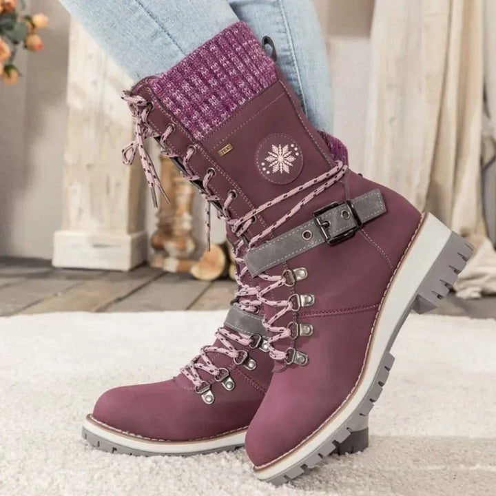 Insulated Lace Up Winter Boots with Knit Cuff and Buckle Detail
