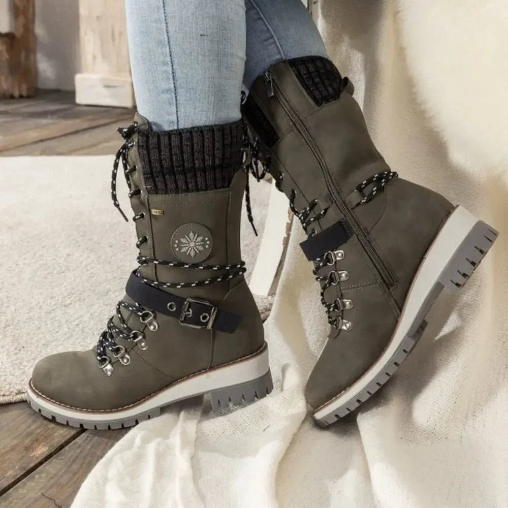 Insulated Lace Up Winter Boots with Knit Cuff and Buckle Detail
