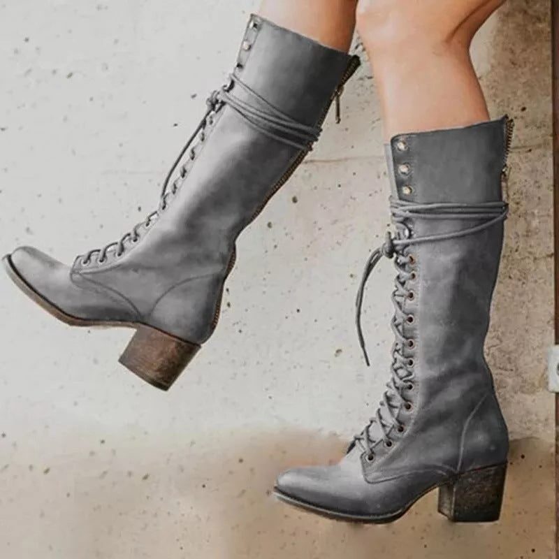 Knee High Lace-Up Leather Boots with Block Heel