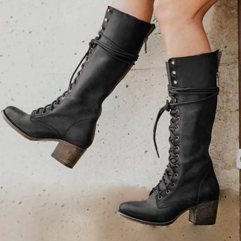 Knee High Lace-Up Leather Boots with Block Heel