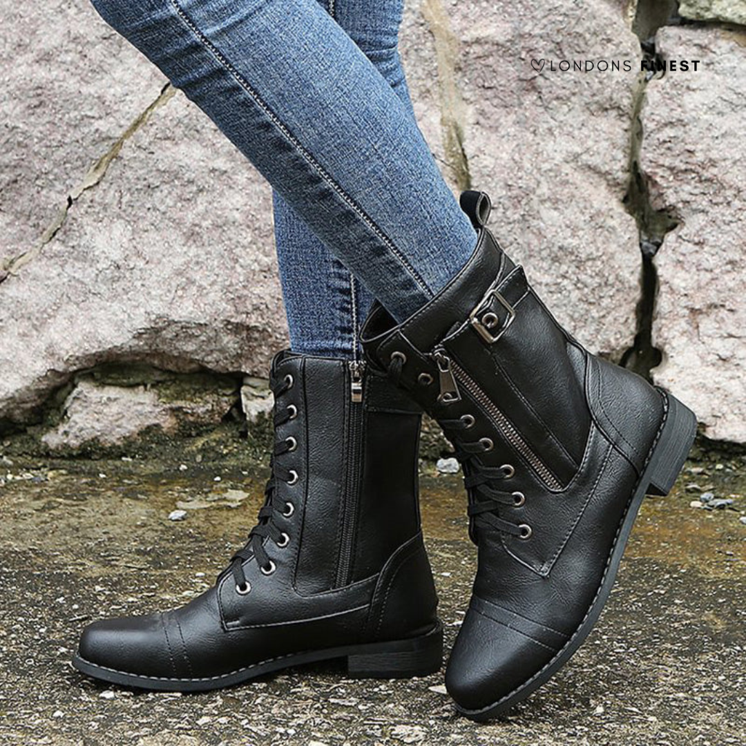 Mabel │ Women's Lace-Up Boots With Buckle Strap And Low Block Heel