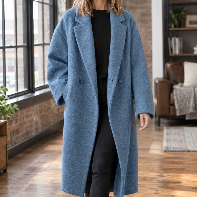 Oversized Long Wool Coat with Double Button
