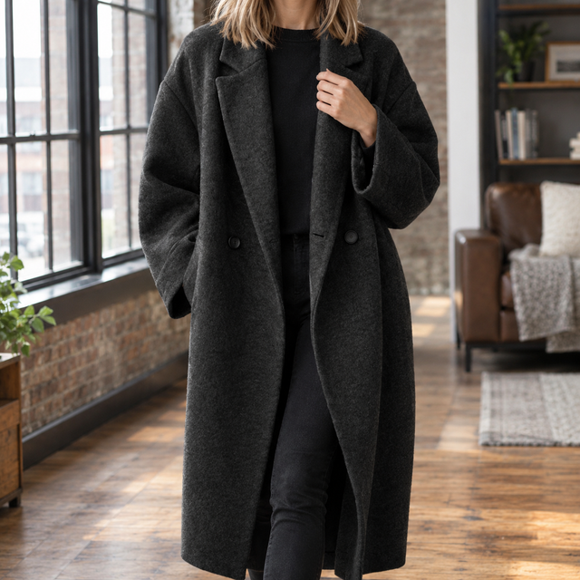 Oversized Long Wool Coat with Double Button