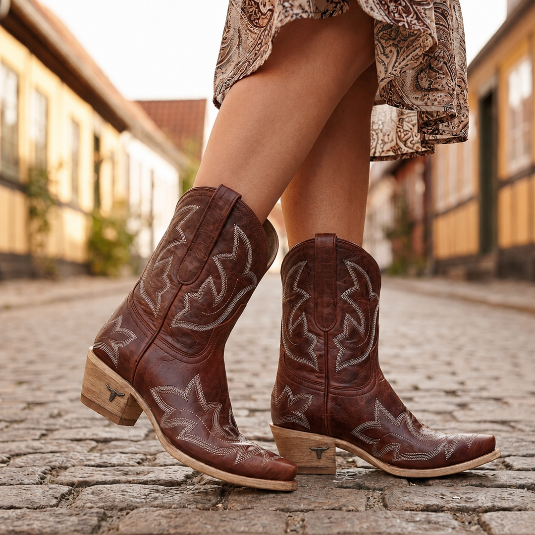 Ruth │ Women's Block Heel Boots With Western Embroidered Detail And Pointed Toe