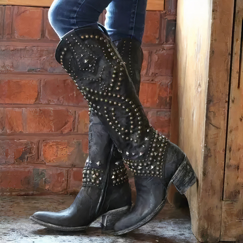 Tessa │ Women's Studded Block Heel Boots Western Style