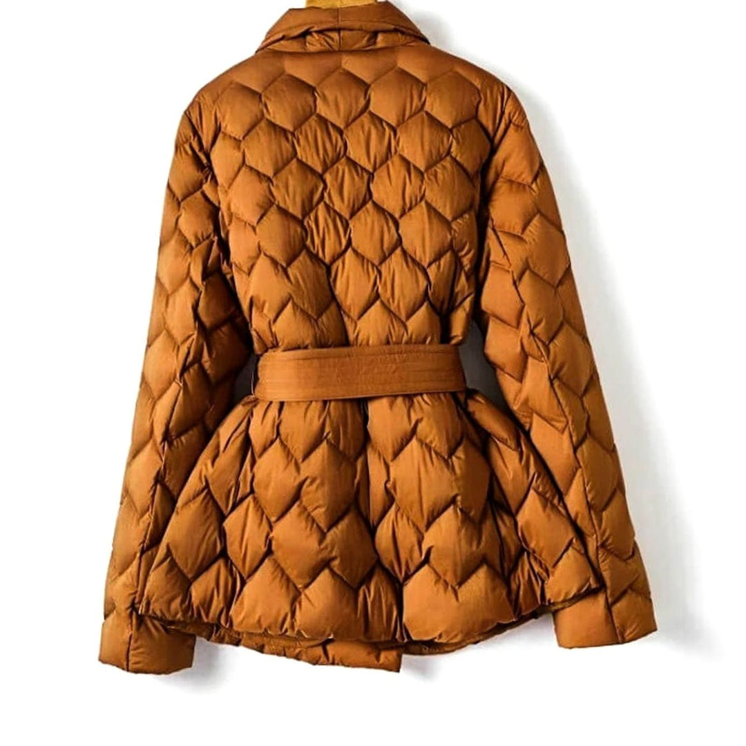 Florence │ Women's Diamond Quilted Puffer Jacket With Tie Belt And Lapel Collar