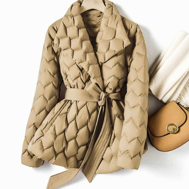 Florence │ Women's Diamond Quilted Puffer Jacket With Tie Belt And Lapel Collar