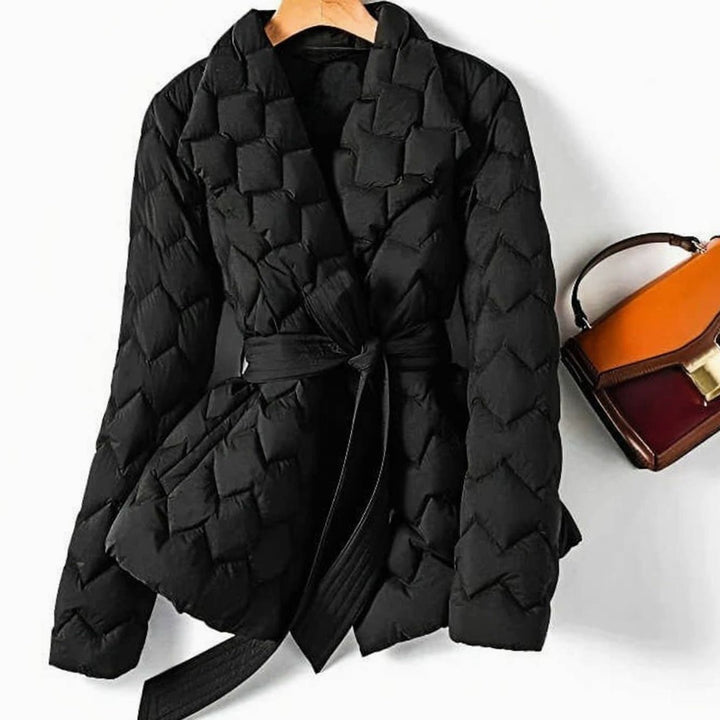 Florence │ Women's Diamond Quilted Puffer Jacket With Tie Belt And Lapel Collar