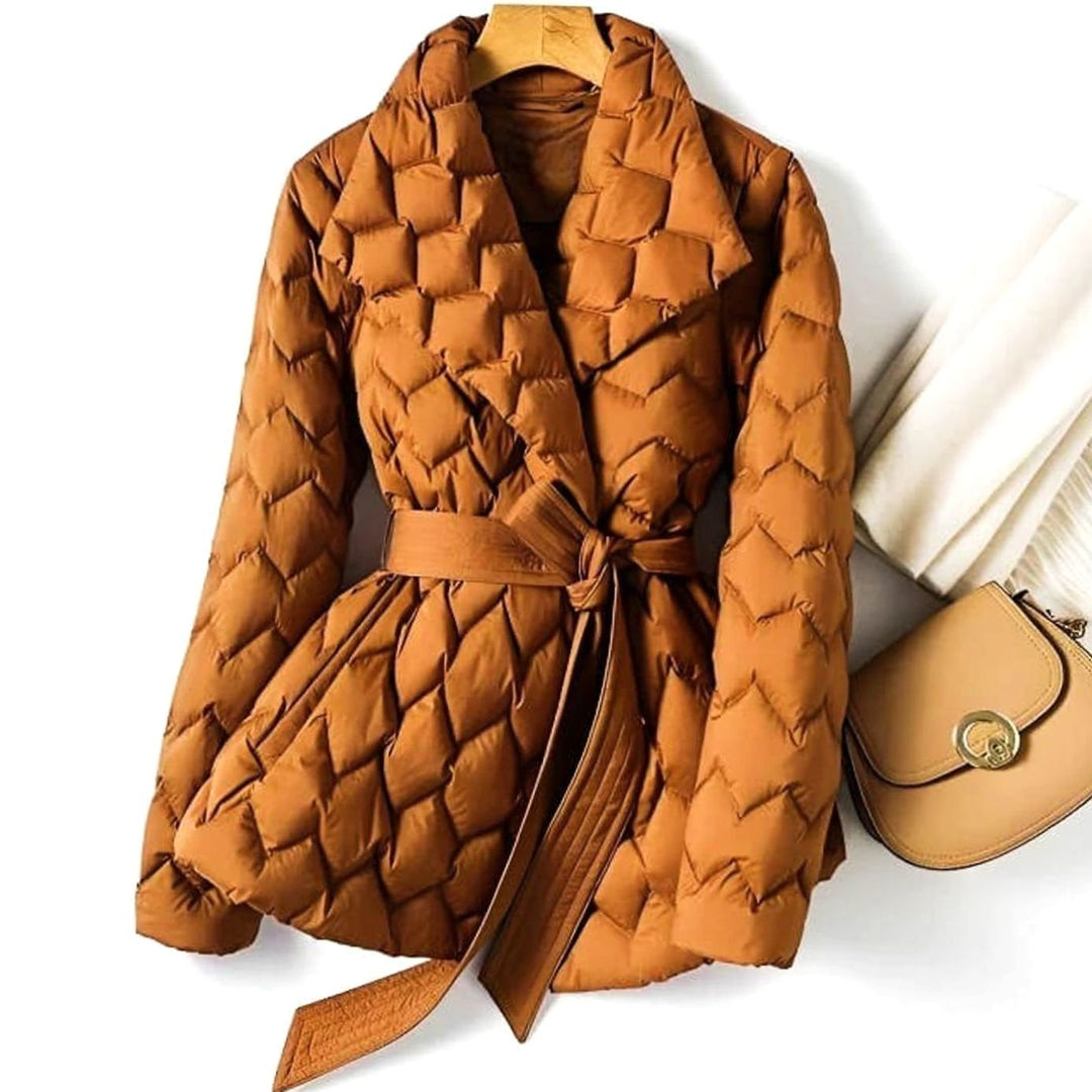 Florence │ Women's Diamond Quilted Puffer Jacket With Tie Belt And Lapel Collar