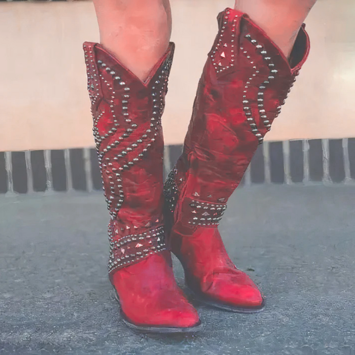 Tessa │ Women's Studded Block Heel Boots Western Style