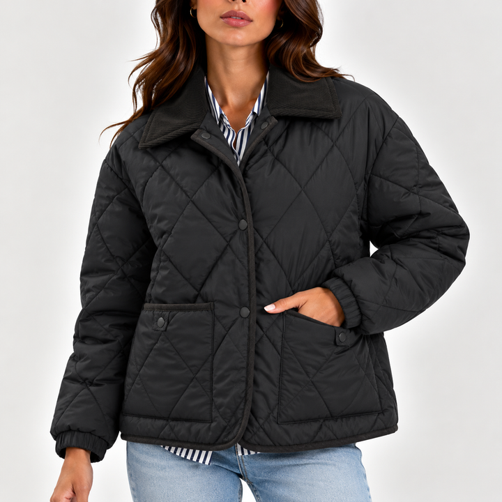 Margaret │ Women's Quilted Puffer Jacket With Corduroy Collar And Snap Front