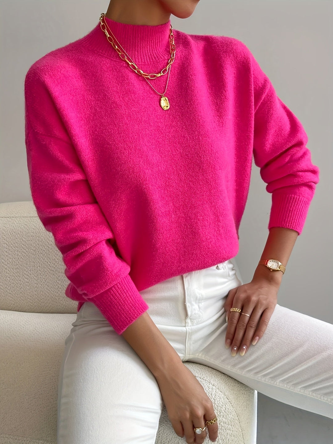 Winifred │ Women's Funnel Neck Knit Jumper With Ribbed Detailing