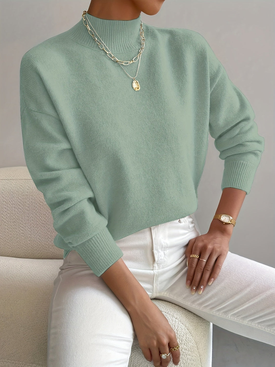 Winifred │ Women's Funnel Neck Knit Jumper With Ribbed Detailing