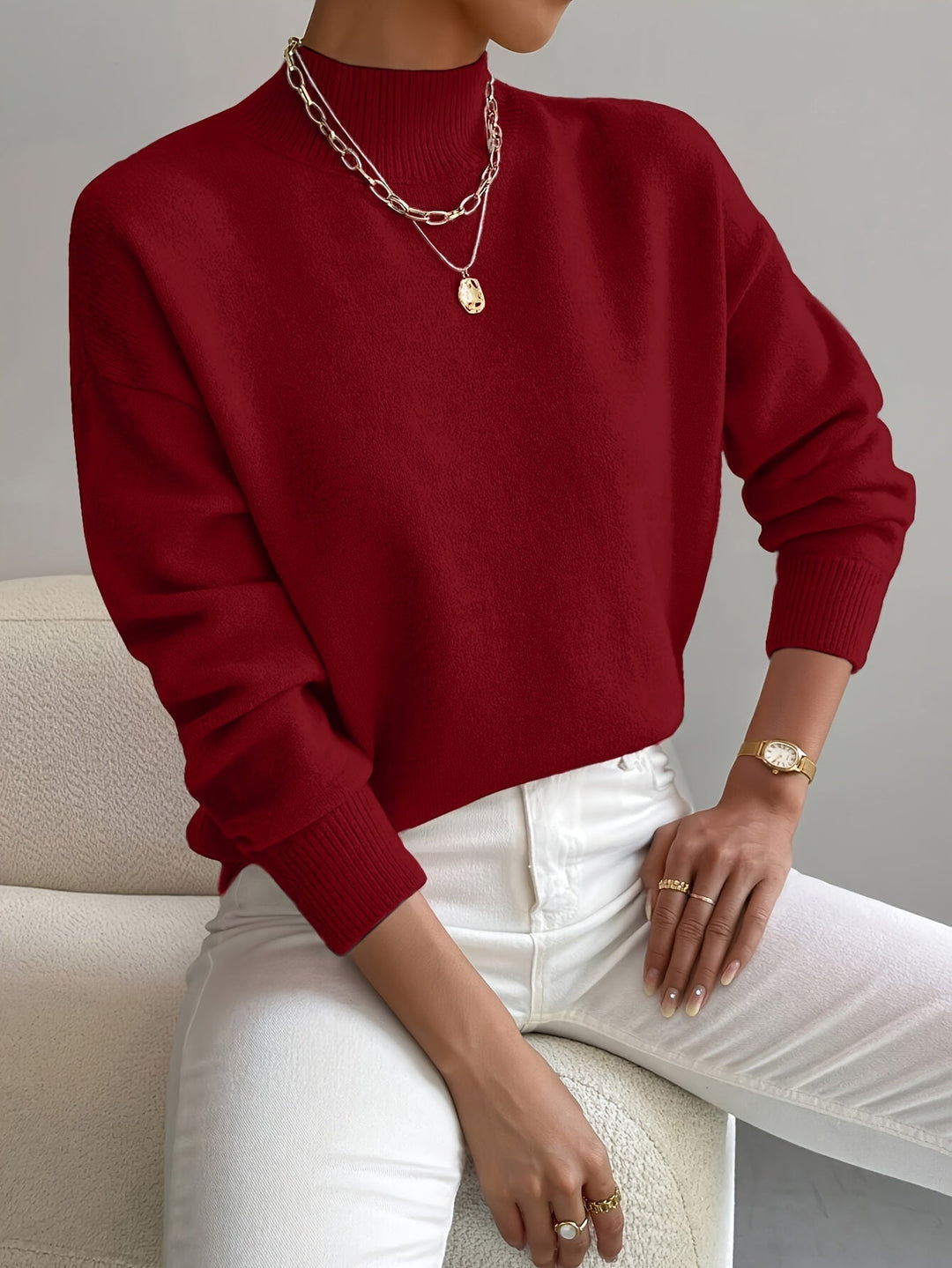 Winifred │ Women's Funnel Neck Knit Jumper With Ribbed Detailing
