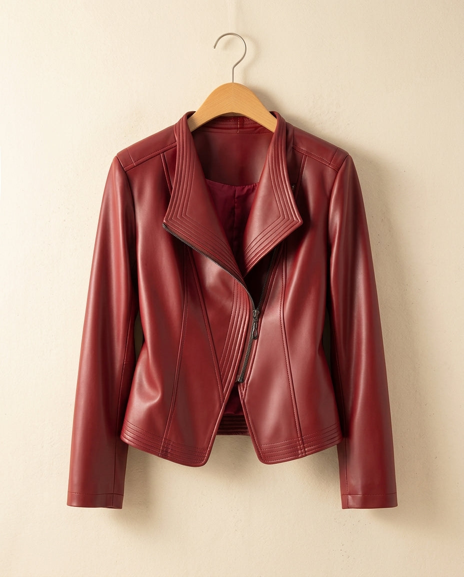 Rosamund │ Women's Leather Jacket With Stand Collar And Asymmetrical Zip Front