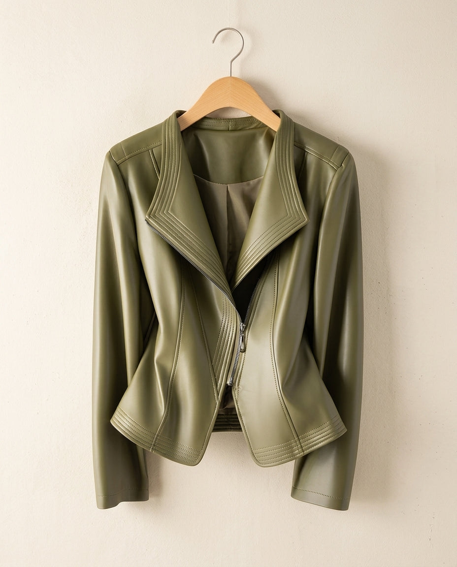 Rosamund │ Women's Leather Jacket With Stand Collar And Asymmetrical Zip Front