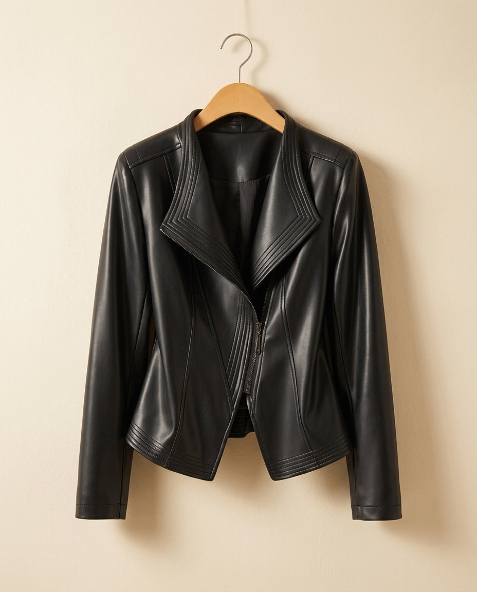 Rosamund │ Women's Leather Jacket With Stand Collar And Asymmetrical Zip Front