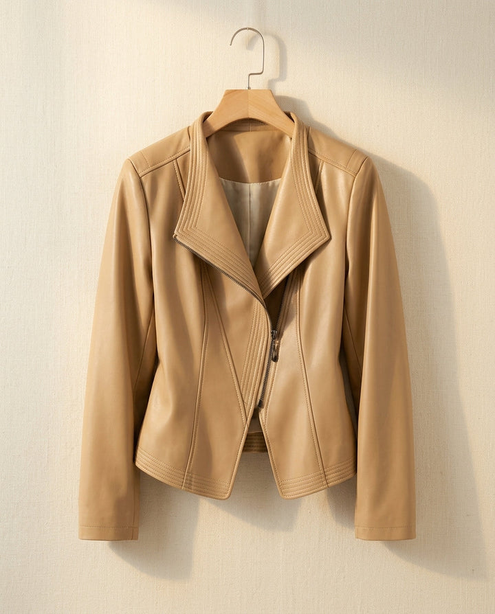 Rosamund │ Women's Leather Jacket With Stand Collar And Asymmetrical Zip Front