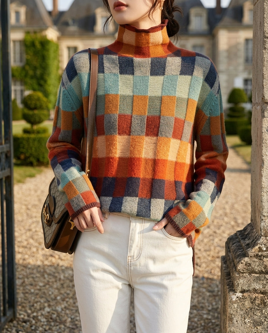 Ruth │ Women's Plaid Turtleneck Sweater With Mock Collar And Long Sleeves For Fall