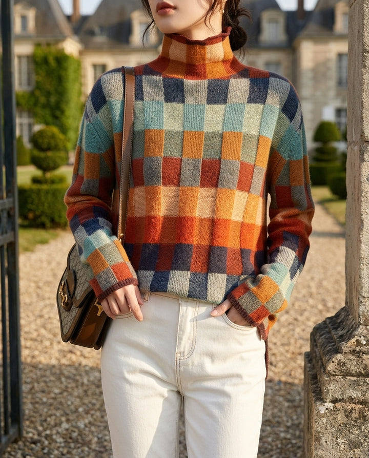Ruth │ Women's Plaid Turtleneck Sweater With Mock Collar And Long Sleeves For Fall