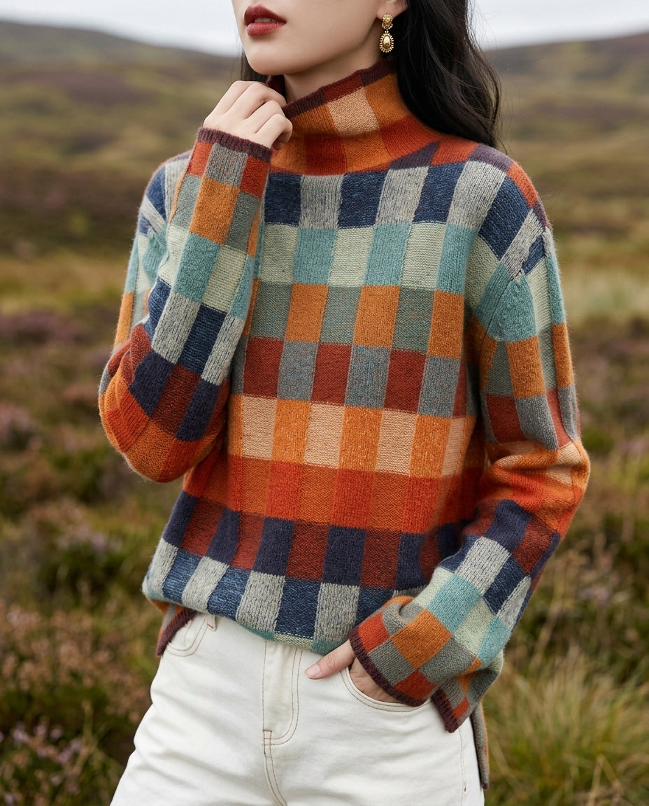 Ruth │ Women's Plaid Turtleneck Sweater With Mock Collar And Long Sleeves For Fall