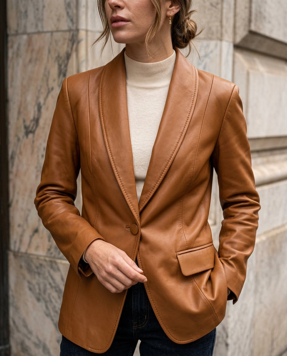 Ivy │ Women's Leather Jacket With Shawl Collar And Single Button Front