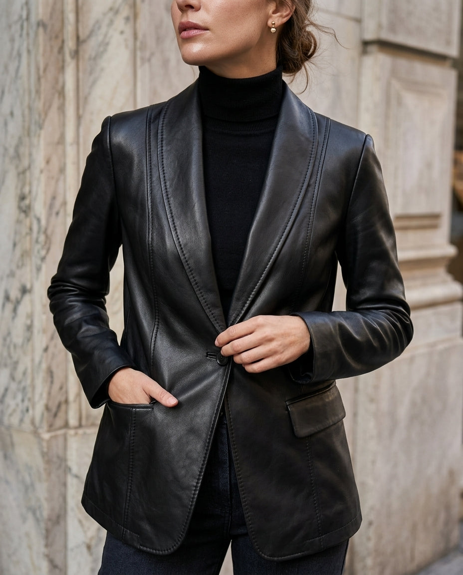 Ivy │ Women's Leather Jacket With Shawl Collar And Single Button Front