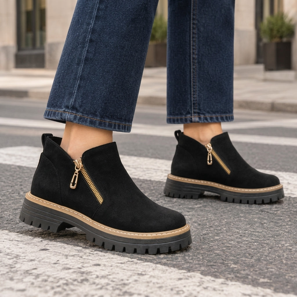 Tabitha │ Women's Lug Sole Ankle Boots With Angled Side Zips