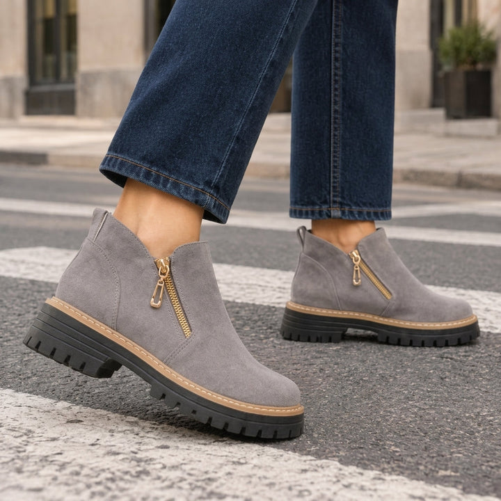 Tabitha │ Women's Lug Sole Ankle Boots With Angled Side Zips