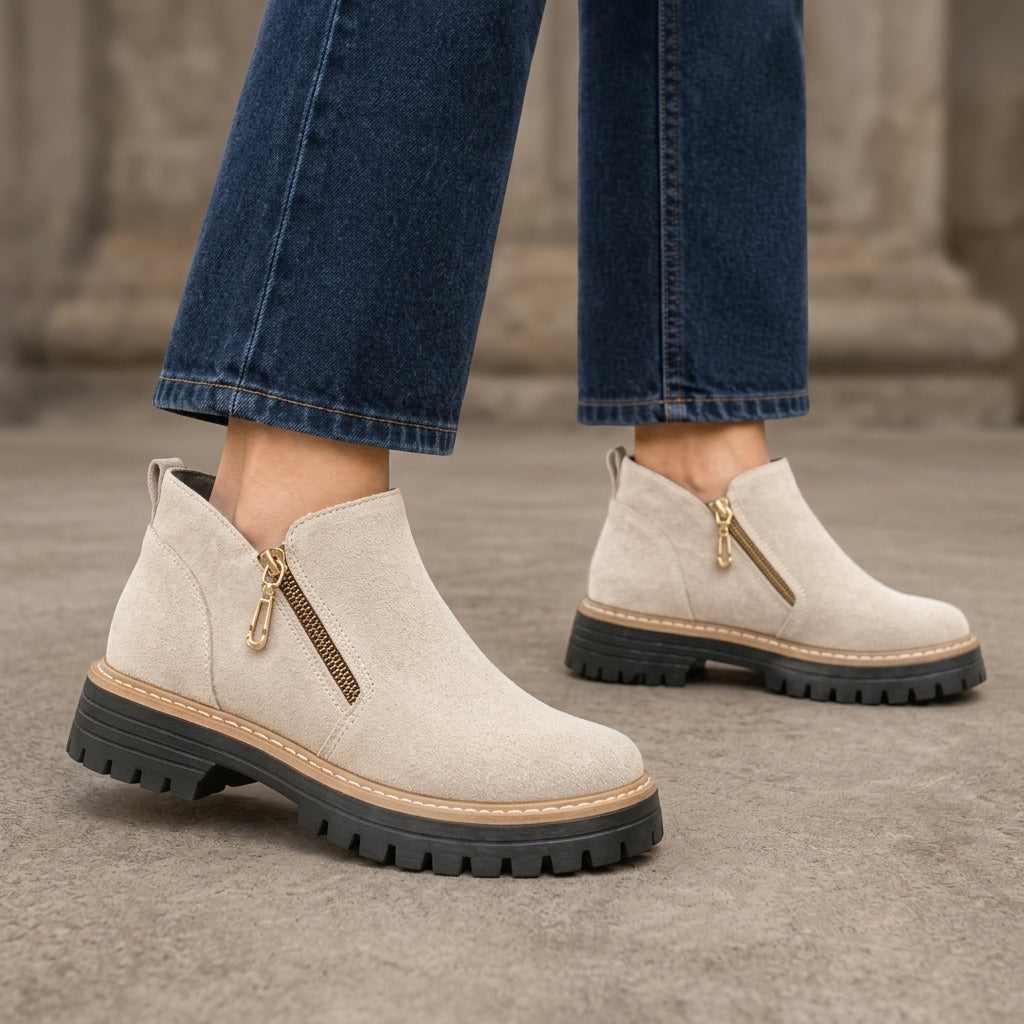Tabitha │ Women's Lug Sole Ankle Boots With Angled Side Zips
