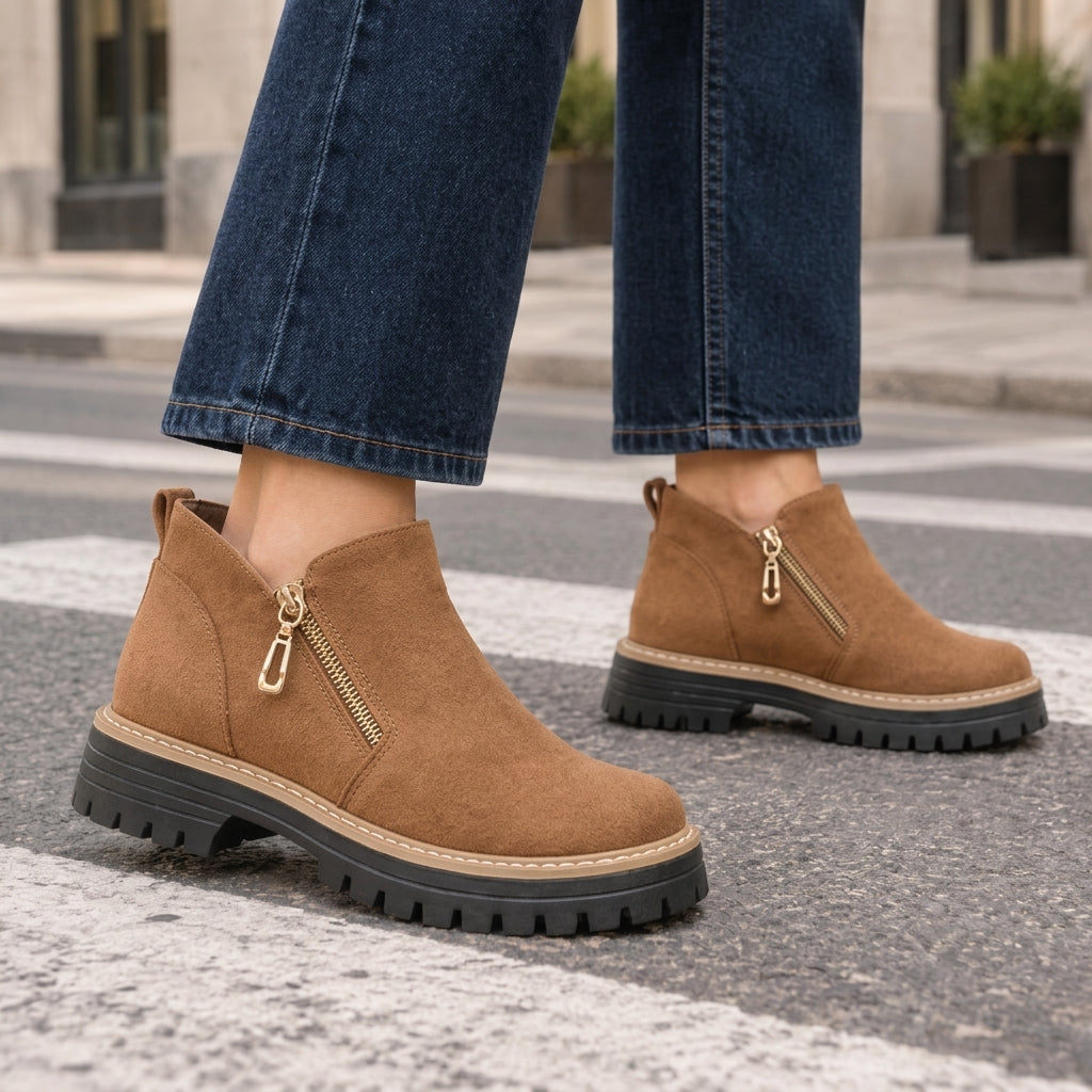 Tabitha │ Women's Lug Sole Ankle Boots With Angled Side Zips
