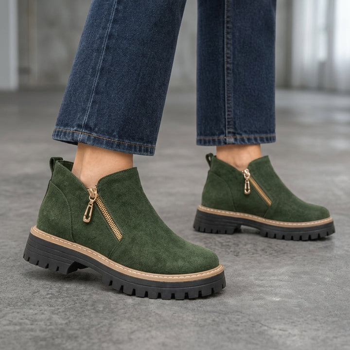 Tabitha │ Women's Lug Sole Ankle Boots With Angled Side Zips