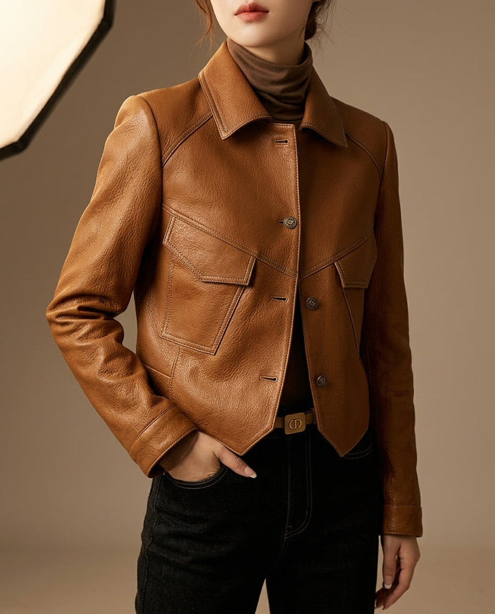 Clementine │ Women's Cropped Leather Jacket With Flap Pockets And Point Collar For Fall